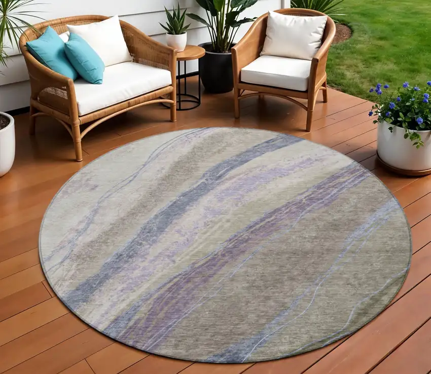 8' Brown Taupe And Purple Round Abstract Washable Indoor Outdoor Area Rug Photo 2