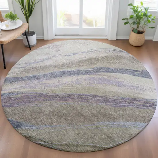 8' Brown Taupe And Purple Round Abstract Washable Indoor Outdoor Area Rug Photo 5