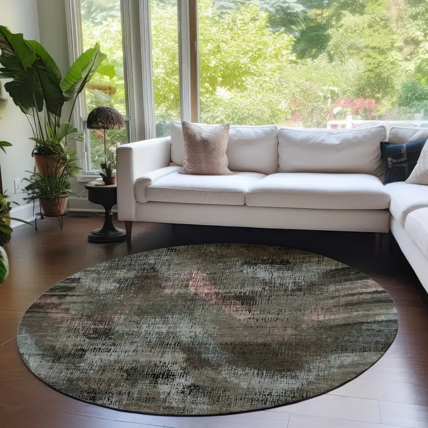 8' Brown Taupe And Salmon Round Abstract Washable Indoor Outdoor Area Rug Photo 7