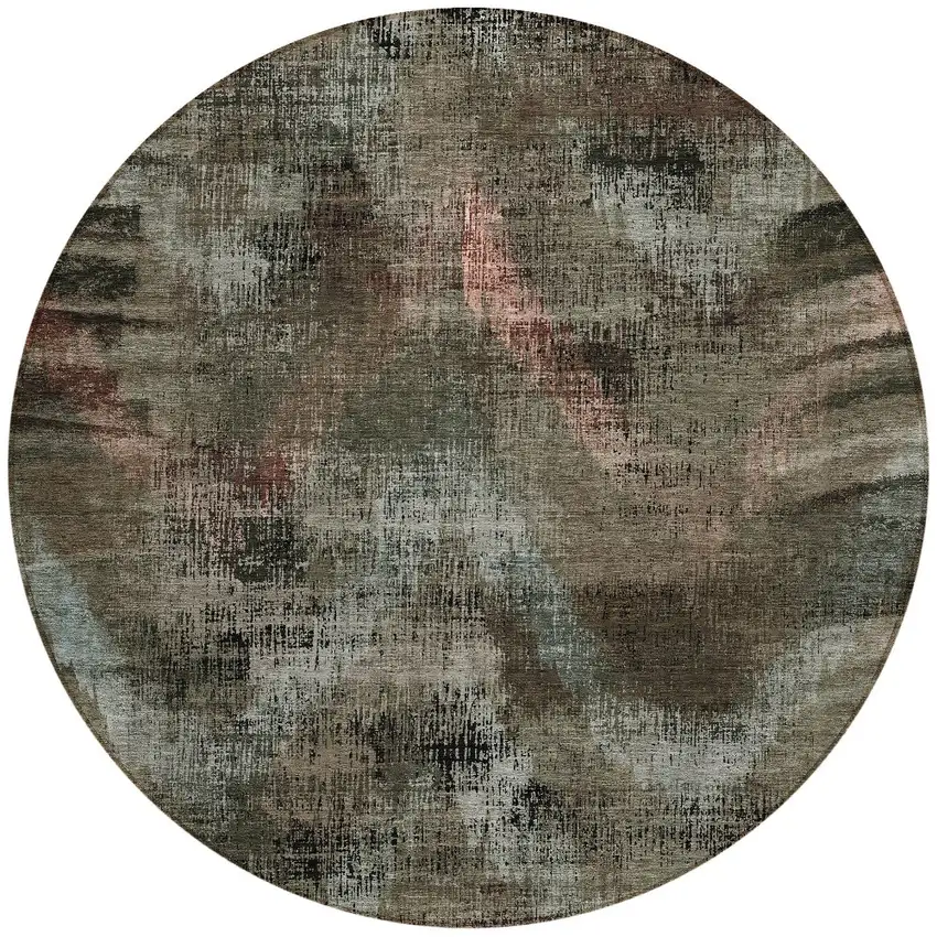8' Brown Taupe And Salmon Round Abstract Washable Indoor Outdoor Area Rug Photo 5