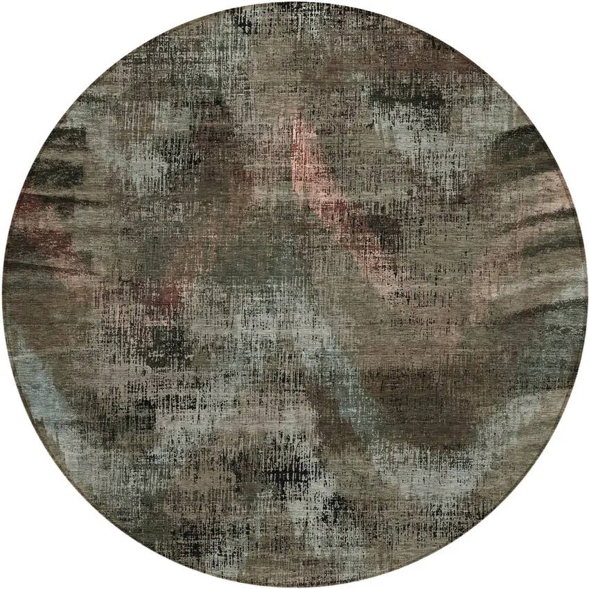 8' Brown Taupe And Salmon Round Abstract Washable Indoor Outdoor Area Rug Photo 2