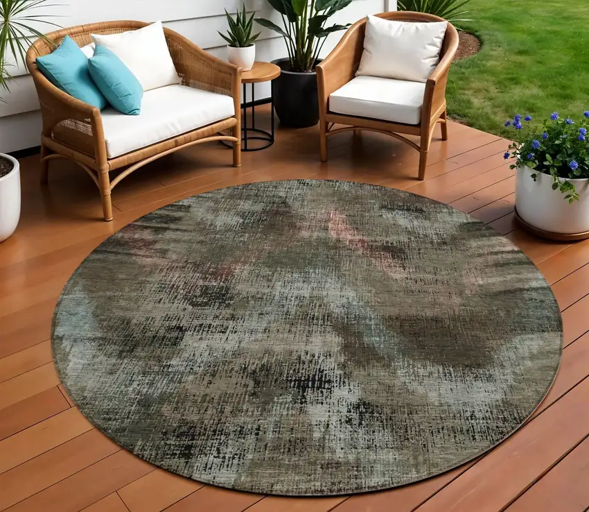 8' Brown Taupe And Salmon Round Abstract Washable Indoor Outdoor Area Rug Photo 1