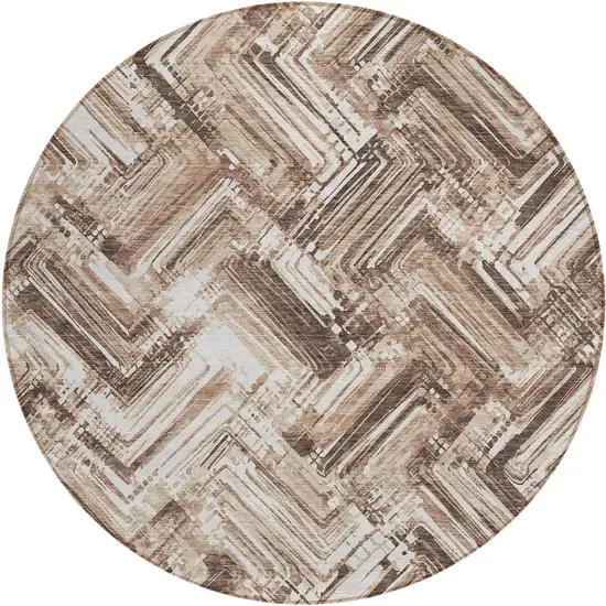 8' Brown Taupe And Tan Round Geometric Washable Indoor Outdoor Area Rug Photo 1