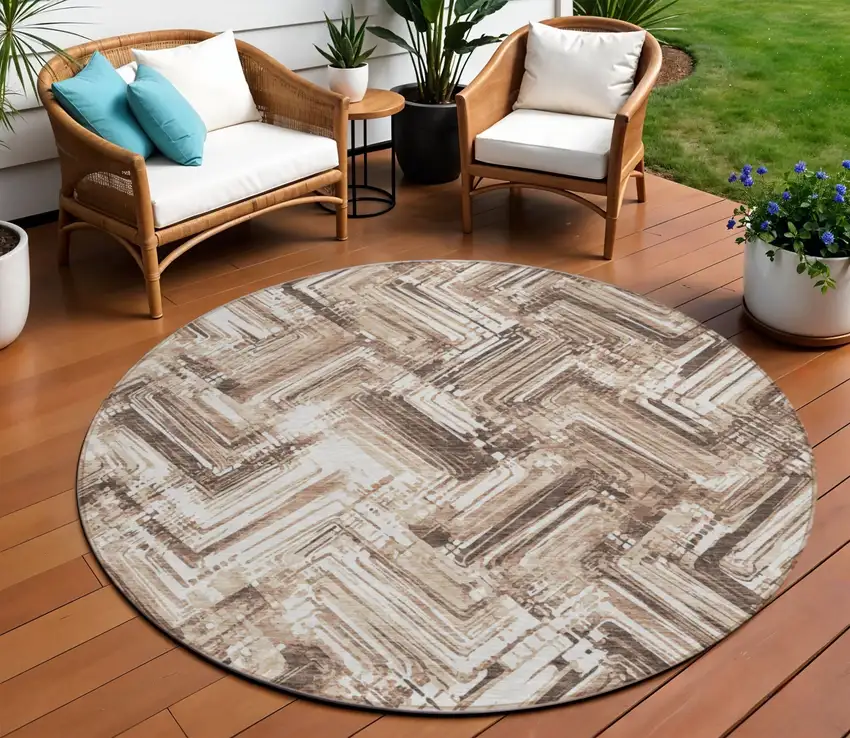 8' Brown Taupe And Tan Round Geometric Washable Indoor Outdoor Area Rug Photo 1