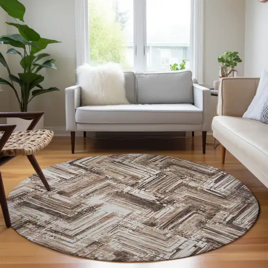 8' Brown Taupe And Tan Round Geometric Washable Indoor Outdoor Area Rug Photo 7
