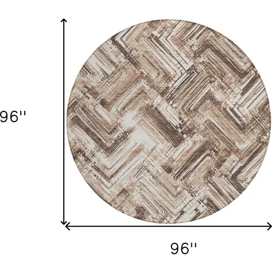 8' Brown Taupe And Tan Round Geometric Washable Indoor Outdoor Area Rug Photo 8