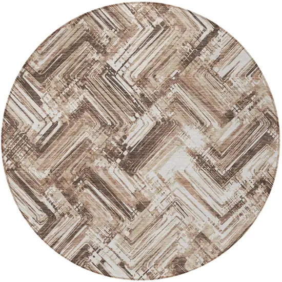 8' Brown Taupe And Tan Round Geometric Washable Indoor Outdoor Area Rug Photo 5