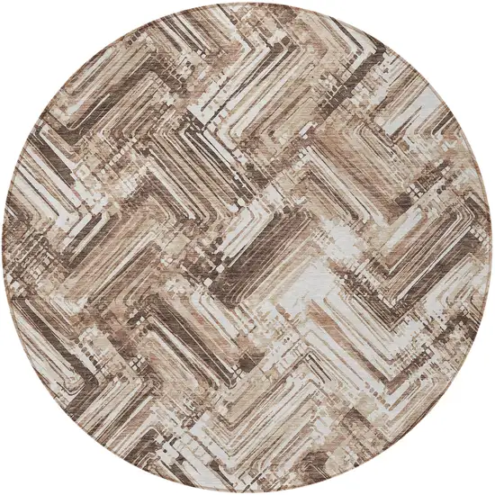 8' Brown Taupe And Tan Round Geometric Washable Indoor Outdoor Area Rug Photo 5