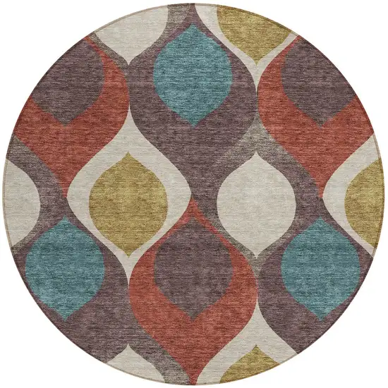 8' Brown Taupe And Teal Blue Round Ogee Washable Indoor Outdoor Area Rug Photo 6