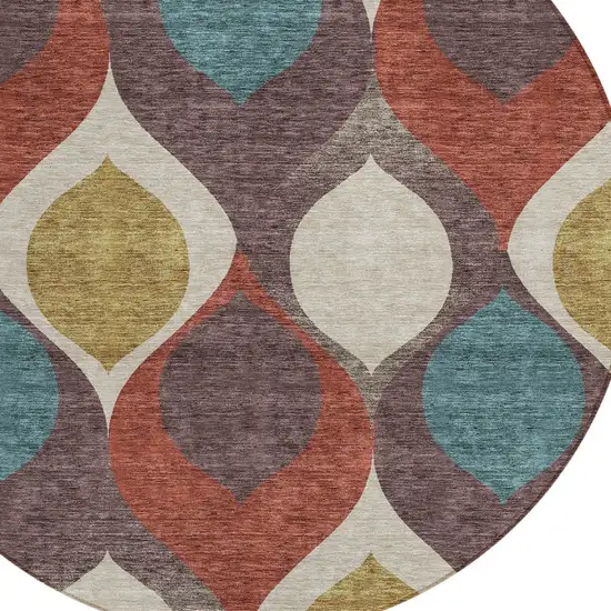 8' Brown Taupe And Teal Blue Round Ogee Washable Indoor Outdoor Area Rug Photo 4