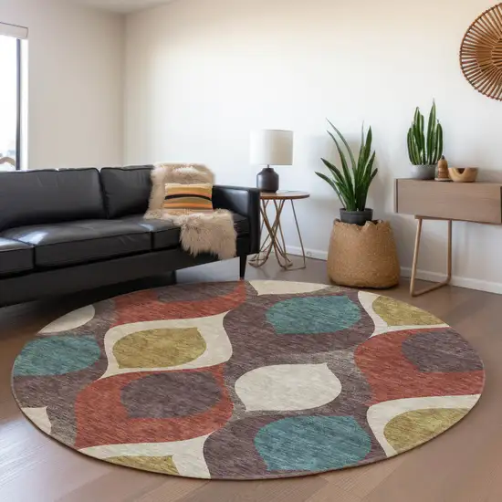 8' Brown Taupe And Teal Blue Round Ogee Washable Indoor Outdoor Area Rug Photo 8