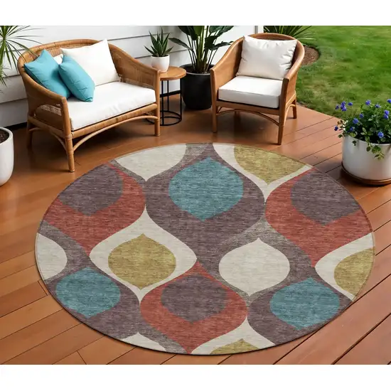 8' Brown Taupe And Teal Blue Round Ogee Washable Indoor Outdoor Area Rug Photo 1
