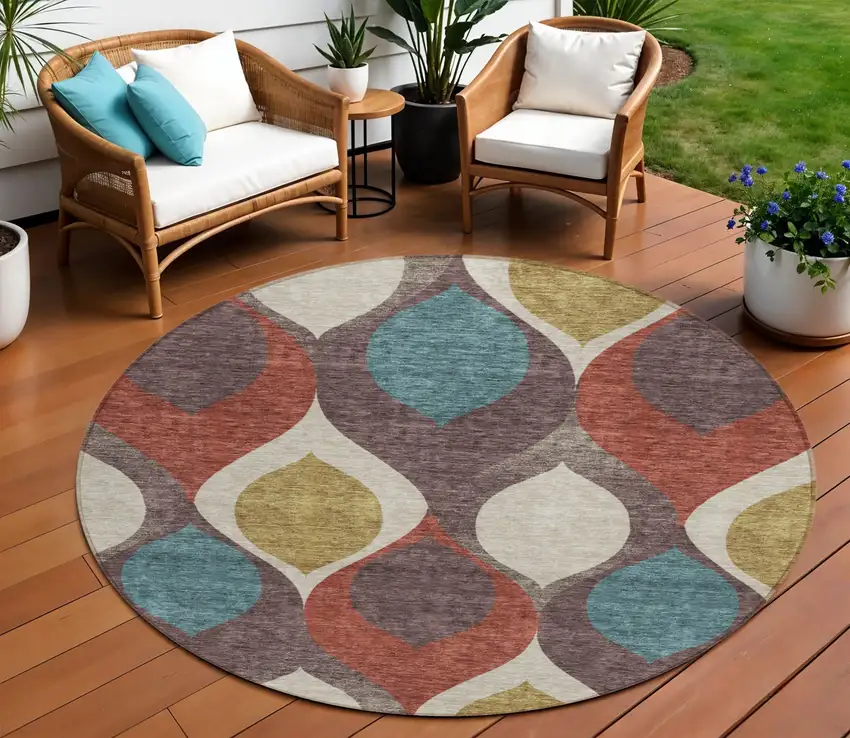 8' Brown Taupe And Teal Blue Round Ogee Washable Indoor Outdoor Area Rug Photo 1