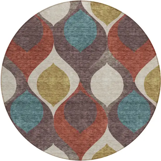 8' Brown Taupe And Teal Blue Round Ogee Washable Indoor Outdoor Area Rug Photo 1