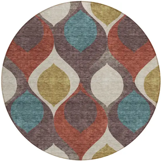8' Brown Taupe And Teal Blue Round Ogee Washable Indoor Outdoor Area Rug Photo 1