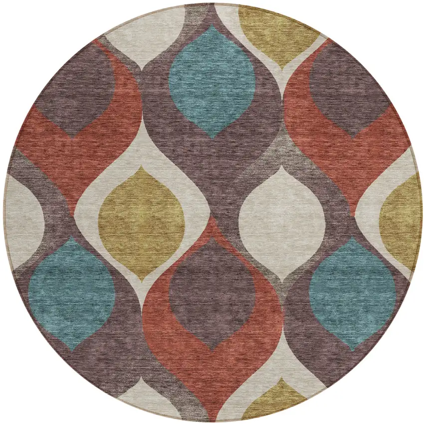 8' Brown Taupe And Teal Blue Round Ogee Washable Indoor Outdoor Area Rug Photo 1