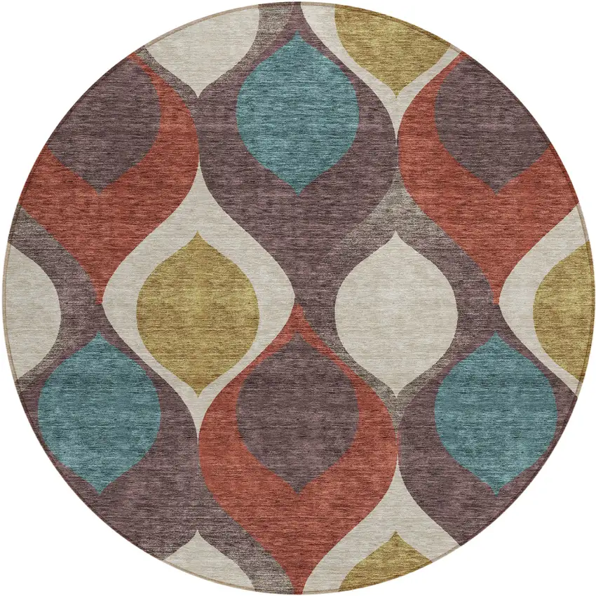 8' Brown Taupe And Teal Blue Round Ogee Washable Indoor Outdoor Area Rug Photo 1