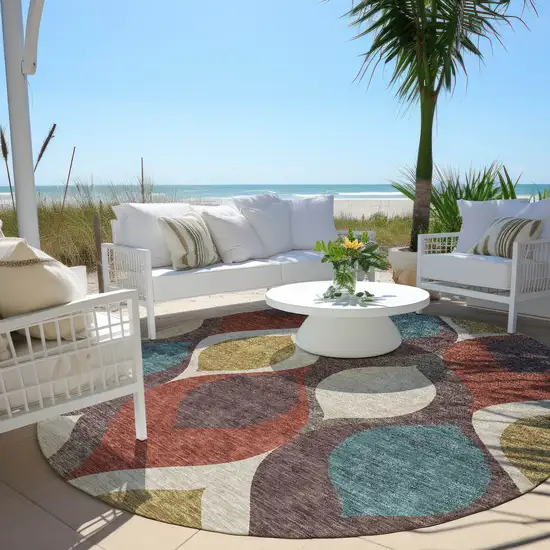 8' Brown Taupe And Teal Blue Round Ogee Washable Indoor Outdoor Area Rug Photo 7