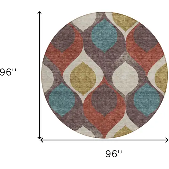 8' Brown Taupe And Teal Blue Round Ogee Washable Indoor Outdoor Area Rug Photo 9