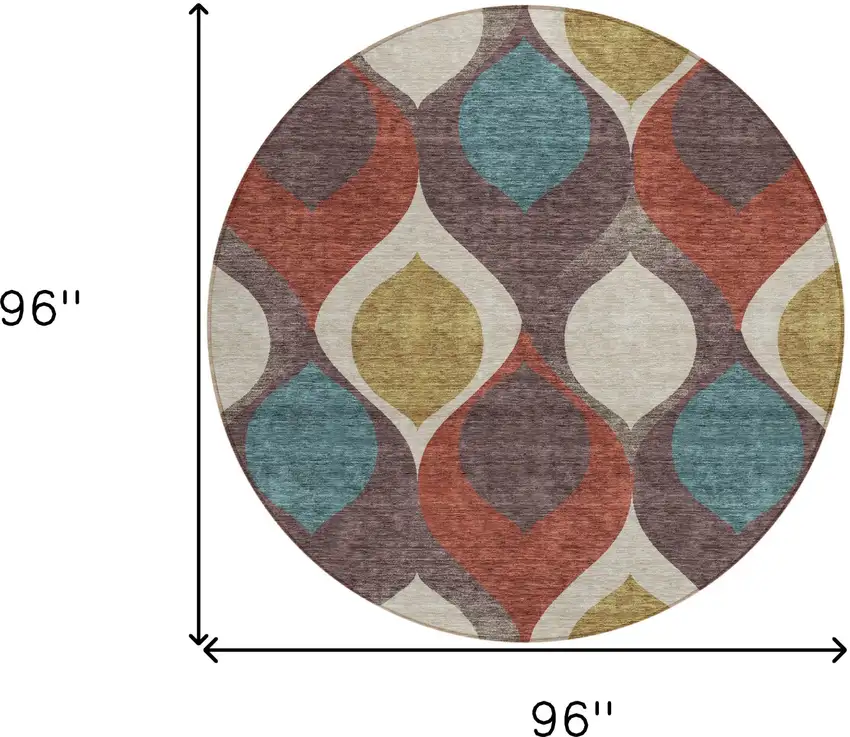 8' Brown Taupe And Teal Blue Round Ogee Washable Indoor Outdoor Area Rug Photo 9