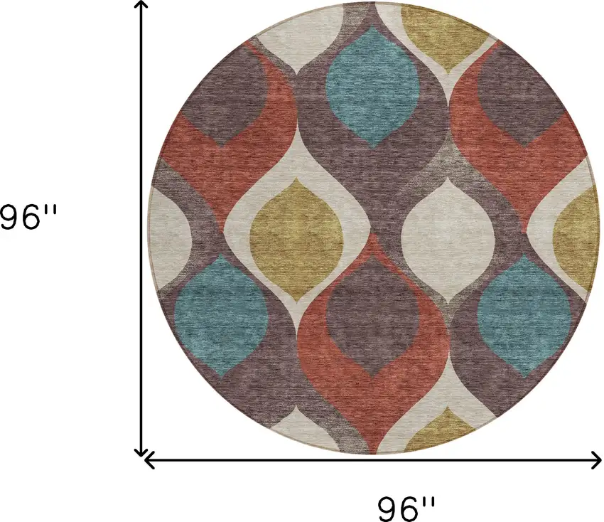 8' Brown Taupe And Teal Blue Round Ogee Washable Indoor Outdoor Area Rug Photo 9