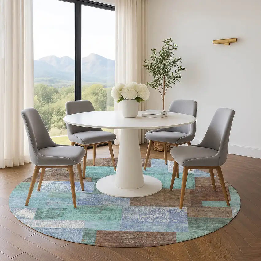 8' Brown Teal And Ivory Geometric Washable Round Rug With UV Protection Photo 5