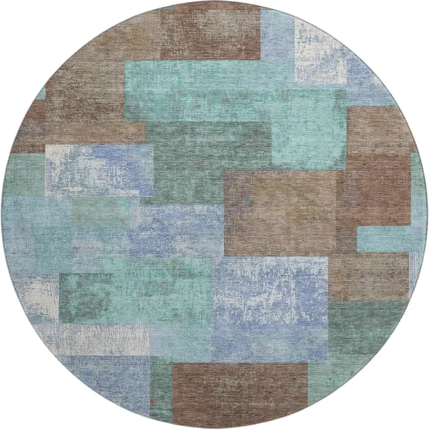 8' Brown Teal And Ivory Geometric Washable Round Rug With UV Protection Photo 1