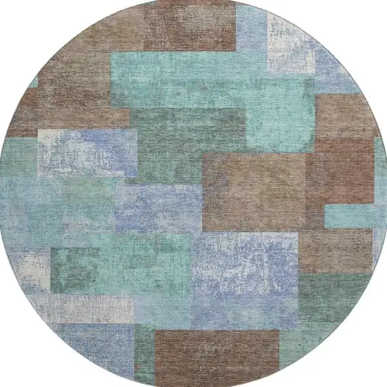 8' Brown Teal And Ivory Geometric Washable Round Rug With UV Protection Photo 4