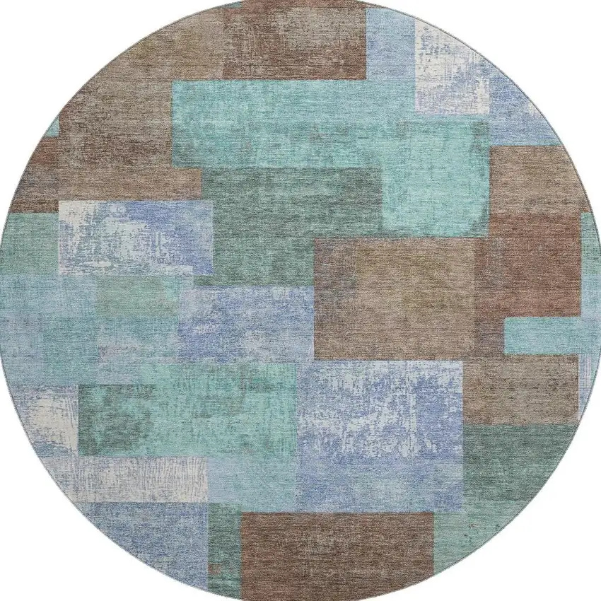 8' Brown Teal And Ivory Geometric Washable Round Rug With UV Protection Photo 4