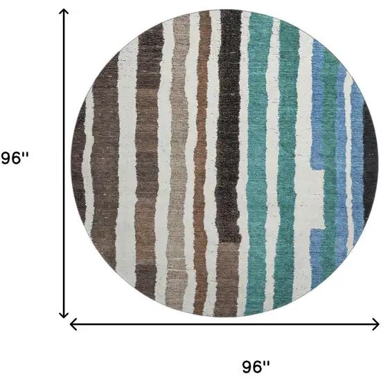 8' Brown Teal And Ivory Striped Washable Round Rug With UV Protection Photo 9