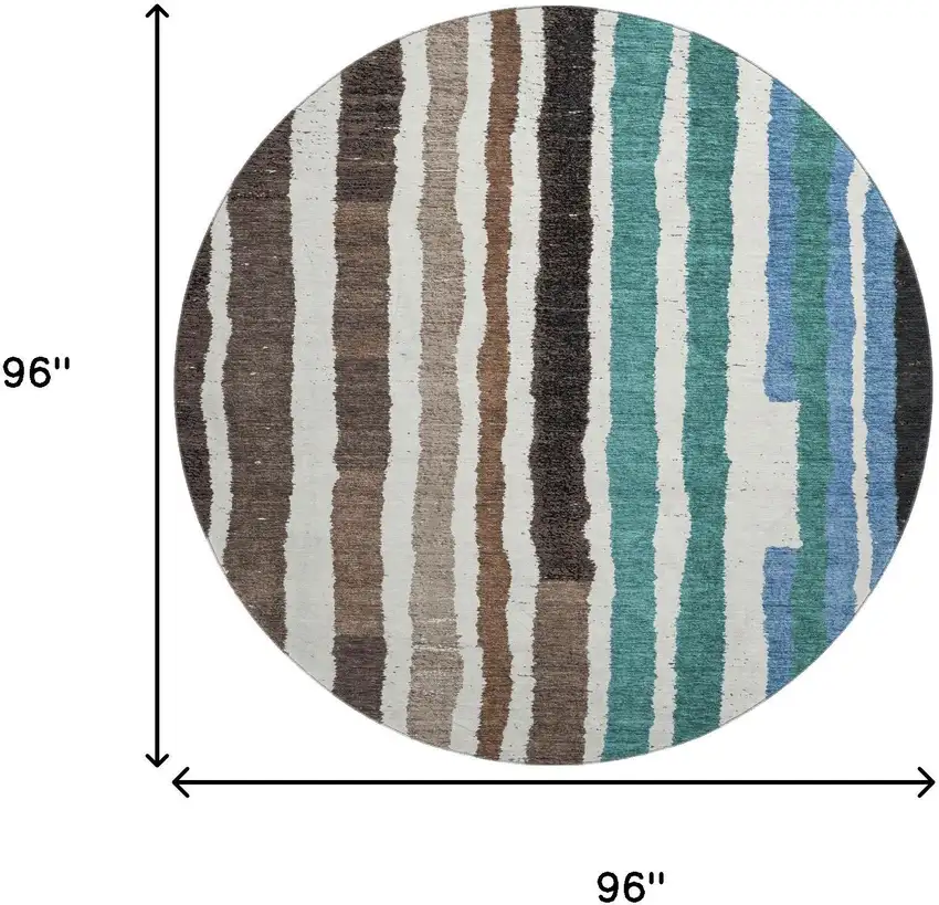 8' Brown Teal And Ivory Striped Washable Round Rug With UV Protection Photo 9