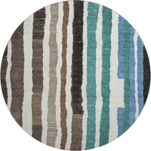 Photo of 8' Brown Teal And Ivory Striped Washable Round Rug With UV Protection