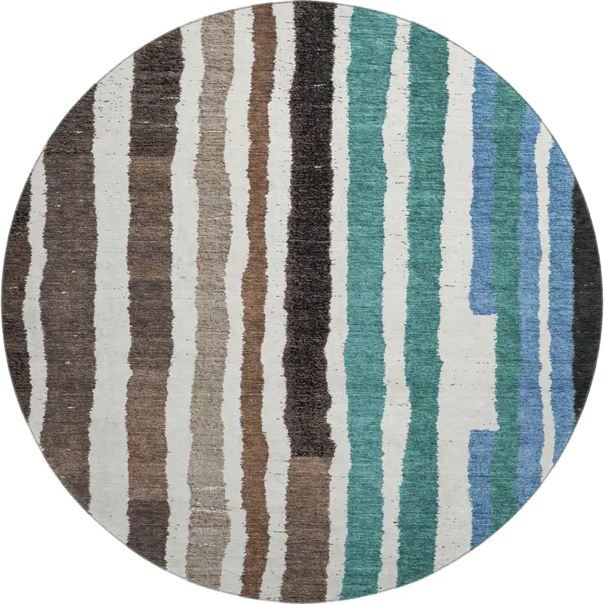 8' Brown Teal And Ivory Striped Washable Round Rug With UV Protection Photo 1