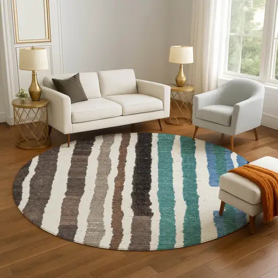 8' Brown Teal And Ivory Striped Washable Round Rug With UV Protection Photo 5