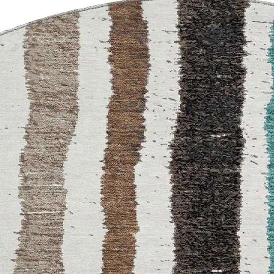 8' Brown Teal And Ivory Striped Washable Round Rug With UV Protection Photo 4