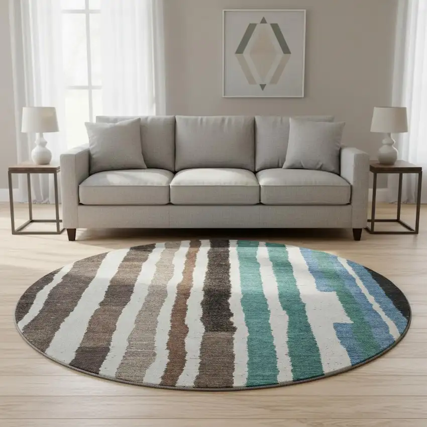8' Brown Teal And Ivory Striped Washable Round Rug With UV Protection Photo 2