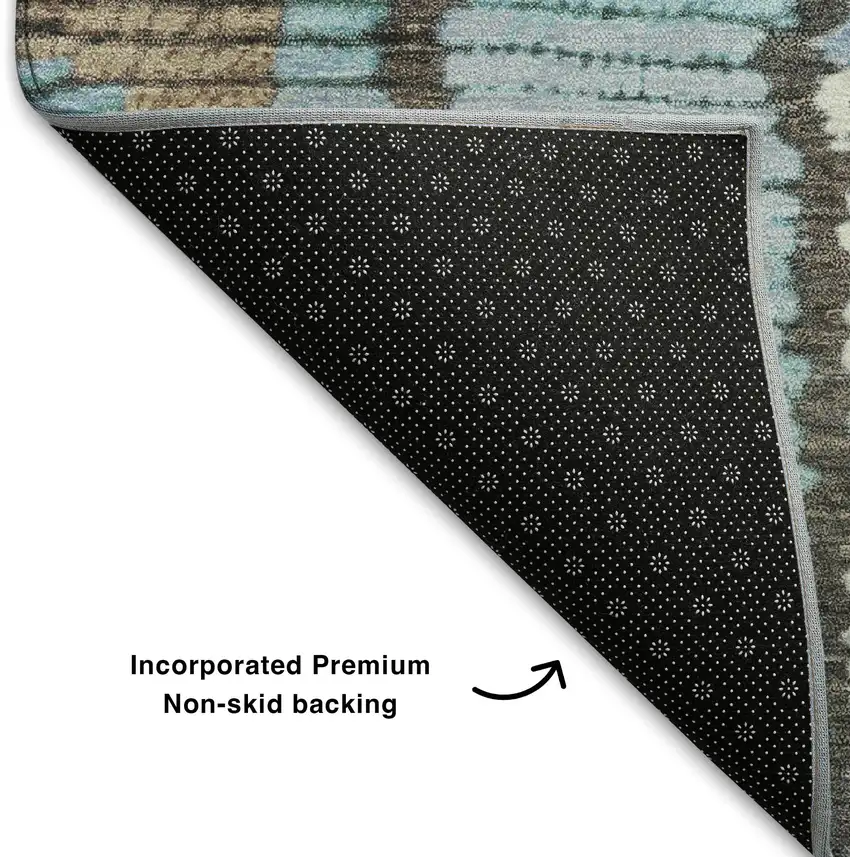 8' Brown Teal And Ivory Tribal Washable Round Rug With UV Protection Photo 4