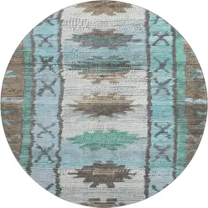 Photo of 8' Brown Teal And Ivory Tribal Washable Round Rug With UV Protection