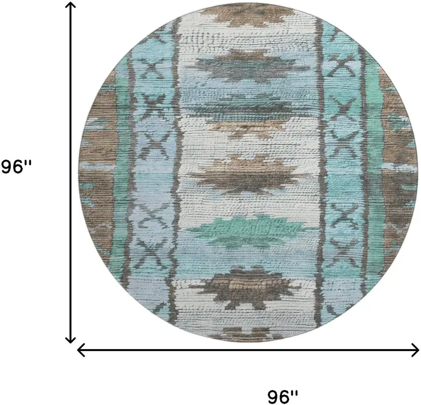 8' Brown Teal And Ivory Tribal Washable Round Rug With UV Protection Photo 8