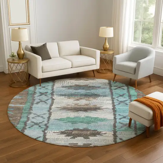 8' Brown Teal And Ivory Tribal Washable Round Rug With UV Protection Photo 3