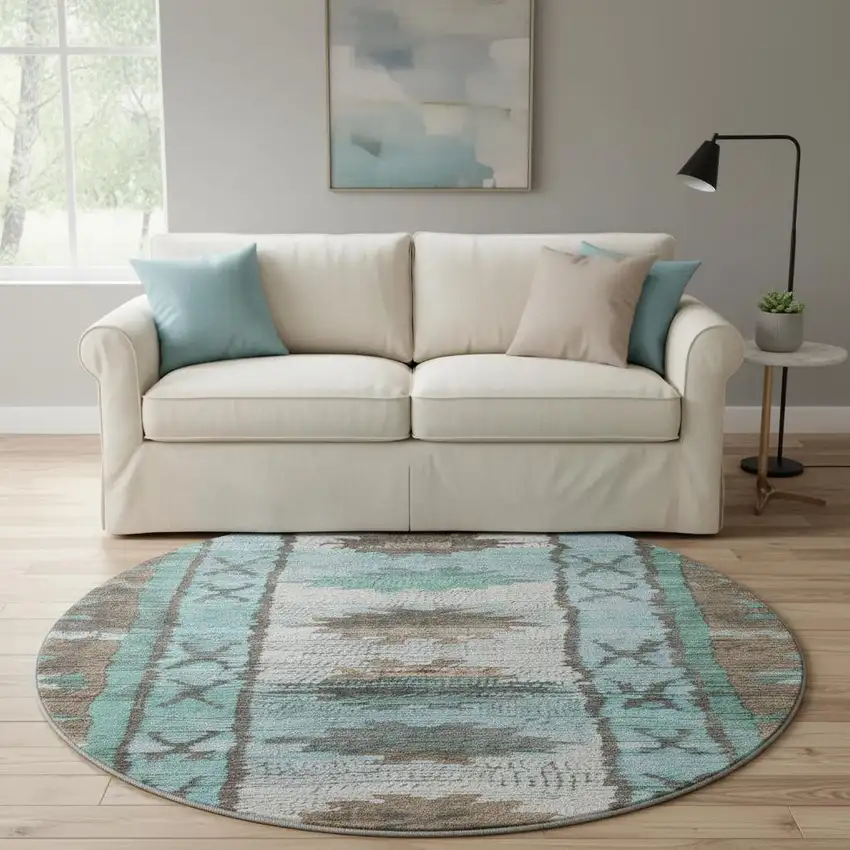 8' Brown Teal And Ivory Tribal Washable Round Rug With UV Protection Photo 2