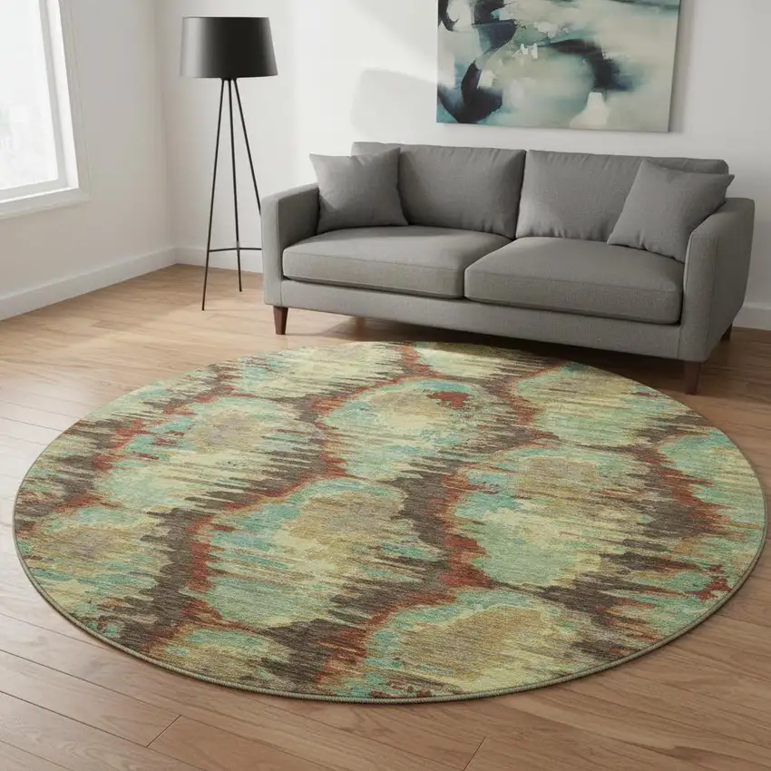 8' Brown Teal And Rust Diamond Washable Round Rug With UV Protection Photo 2