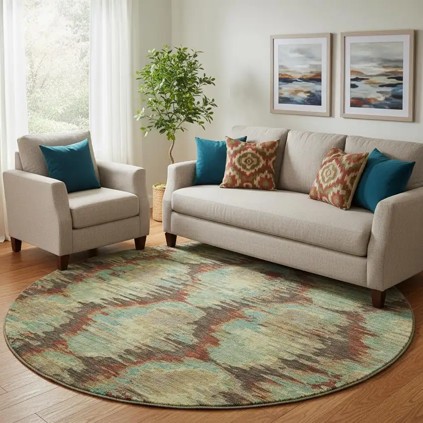 8' Brown Teal And Rust Diamond Washable Round Rug With UV Protection Photo 1