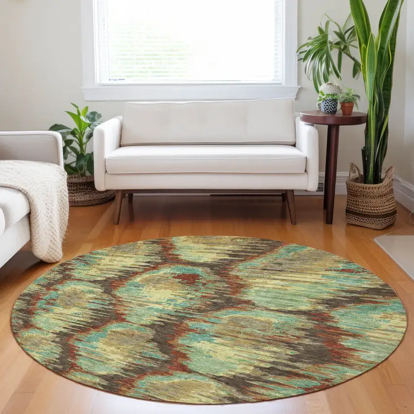 8' Brown Teal And Rust Diamond Washable Round Rug With UV Protection Photo 5