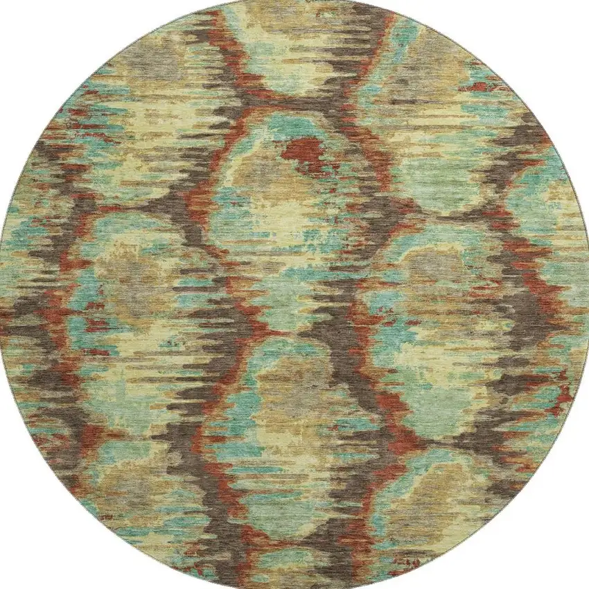 8' Brown Teal And Rust Diamond Washable Round Rug With UV Protection Photo 3