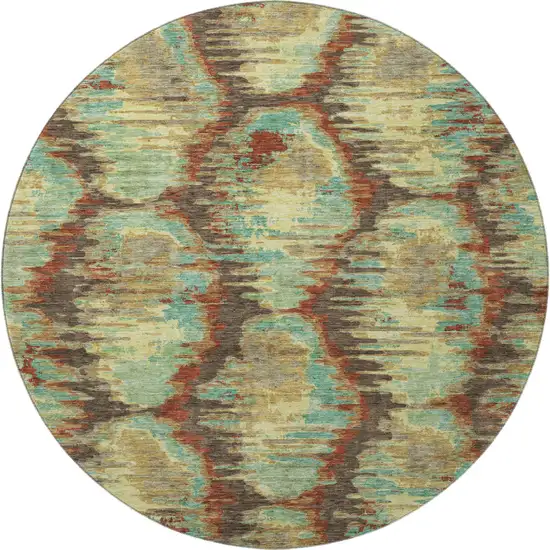 8' Brown Teal And Rust Diamond Washable Round Rug With UV Protection Photo 4