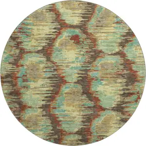 Photo of 8' Brown Teal And Rust Diamond Washable Round Rug With UV Protection