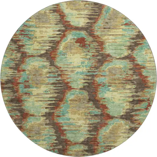 8' Brown Teal And Rust Diamond Washable Round Rug With UV Protection Photo 1