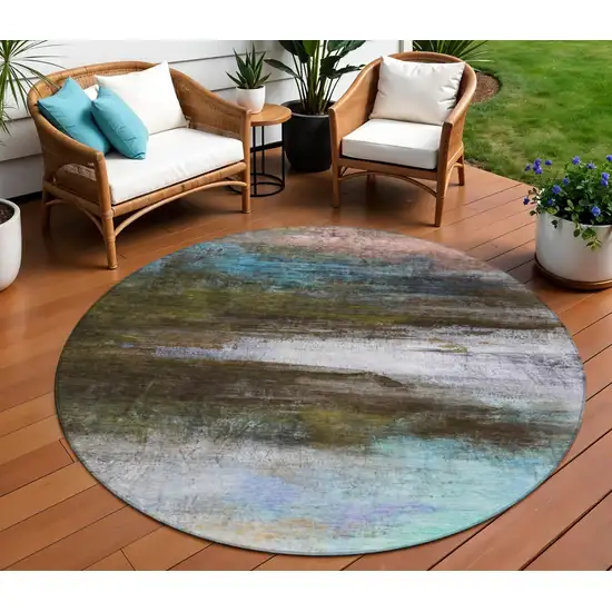 8' Brown Teal Blue And Blush Round Abstract Washable Indoor Outdoor Area Rug Photo 2