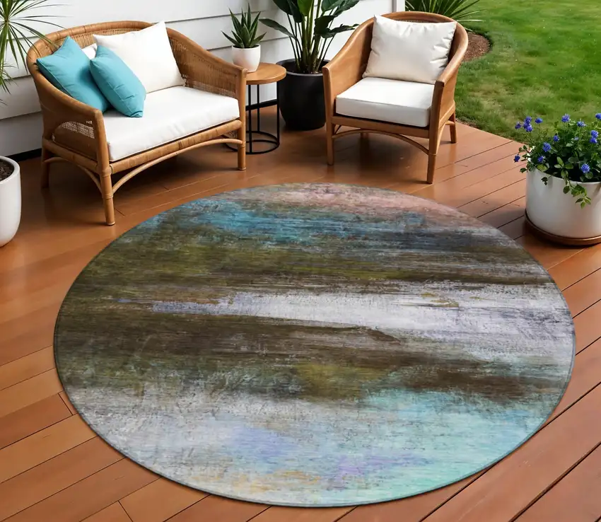 8' Brown Teal Blue And Blush Round Abstract Washable Indoor Outdoor Area Rug Photo 2